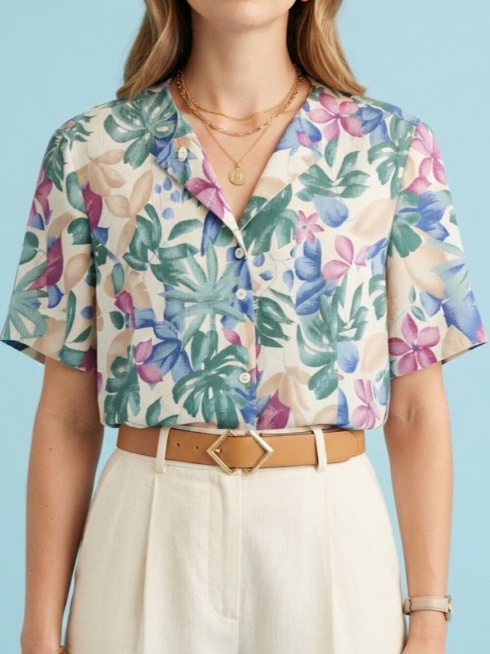Vintage Floral Short Sleeve Button-Up Top